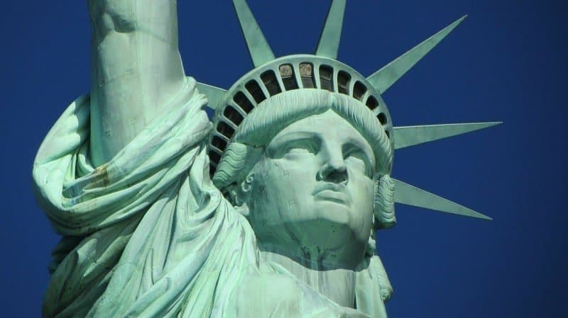 A person wearing a costume with Statue of Liberty in the background