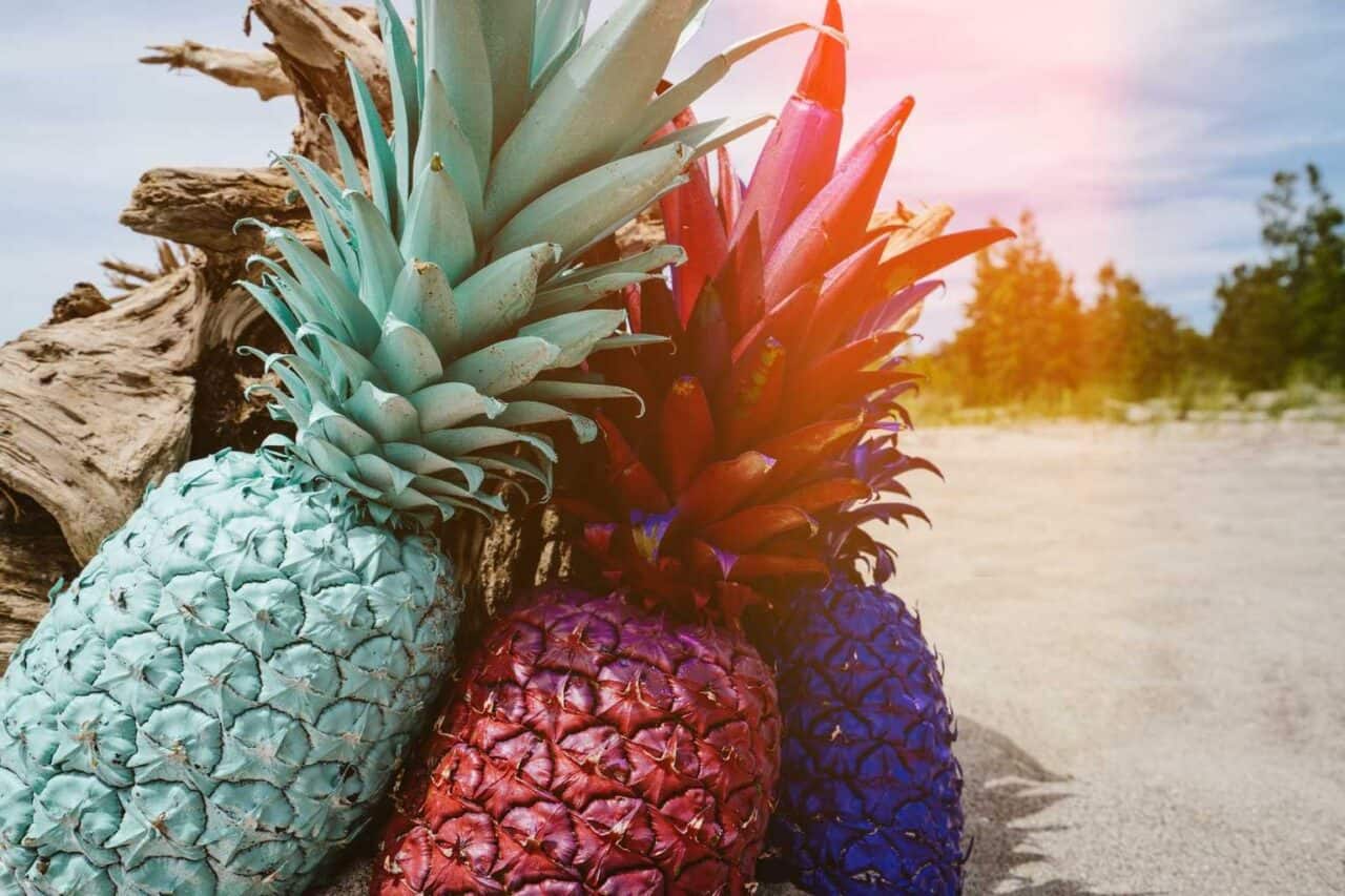 A pile of fruit sitting on top of a pineapple