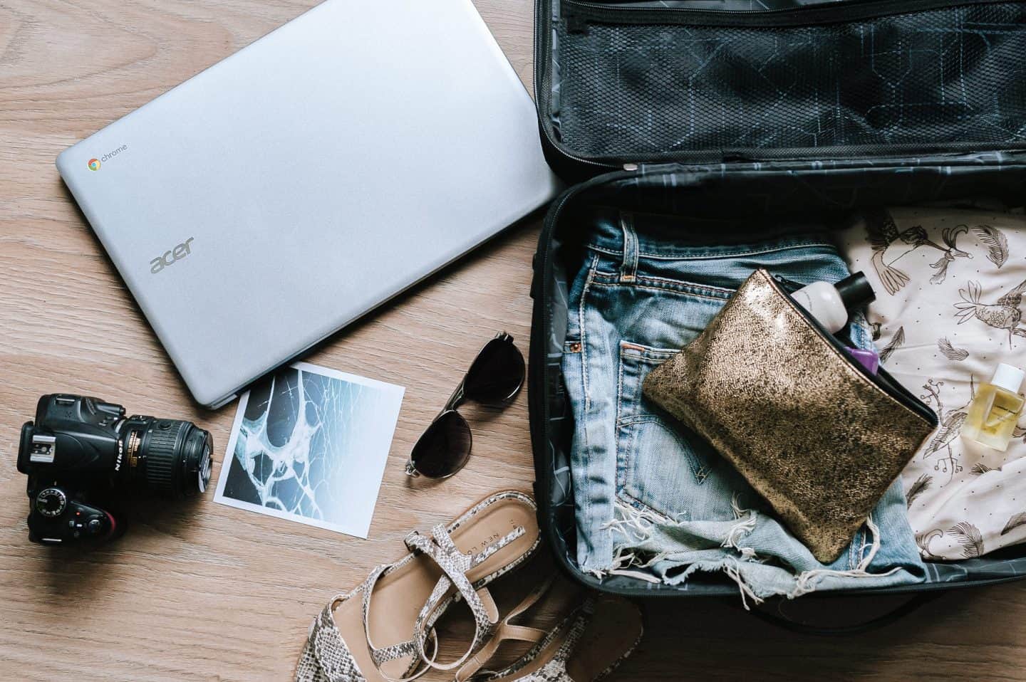 A bag of luggage sitting on top of a table