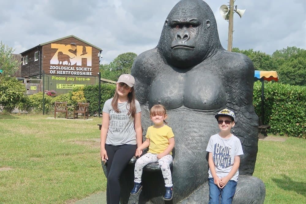 A person standing in front of a statue, with Paradise Wildlife Park