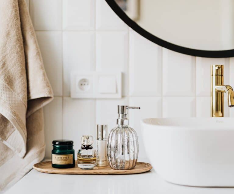 set of skin care products in contemporary bathroom