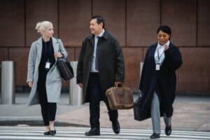 Why Dressing Well For Work Is Important - stylish multiethnic colleagues talking while walking on urban roadway