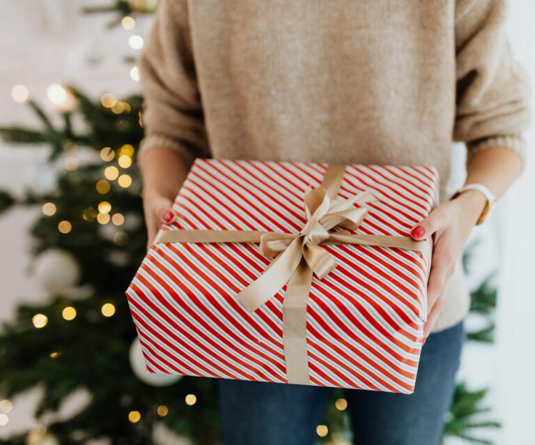 close up shot of a person holding a christmas present